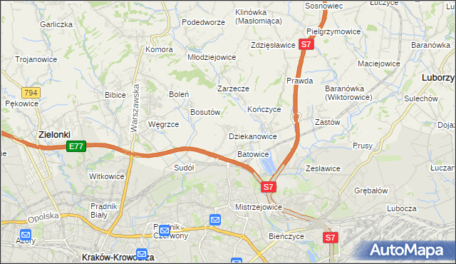 mapa Dziekanowice gmina Zielonki, Dziekanowice gmina Zielonki na mapie Targeo