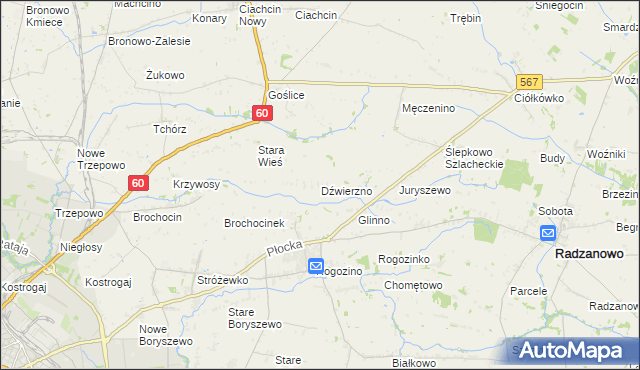 mapa Dźwierzno gmina Radzanowo, Dźwierzno gmina Radzanowo na mapie Targeo