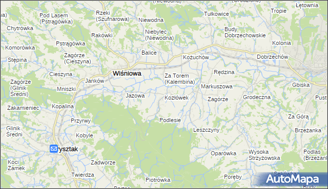mapa Kozłówek gmina Wiśniowa, Kozłówek gmina Wiśniowa na mapie Targeo