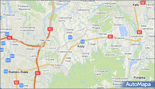 mapa Kozy powiat bielski, Kozy powiat bielski na mapie Targeo