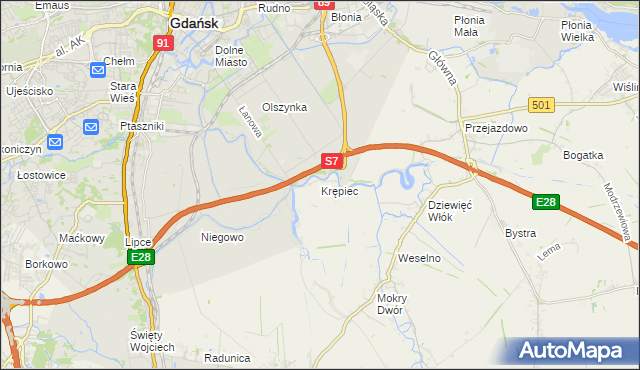 mapa Krępiec gmina Pruszcz Gdański, Krępiec gmina Pruszcz Gdański na mapie Targeo