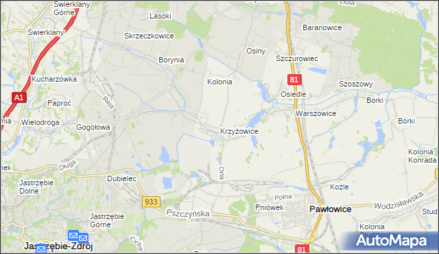 mapa Krzyżowice gmina Pawłowice, Krzyżowice gmina Pawłowice na mapie Targeo