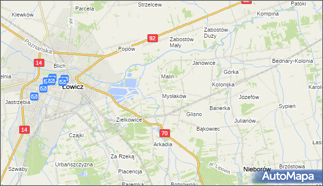 mapa Mysłaków gmina Nieborów, Mysłaków gmina Nieborów na mapie Targeo