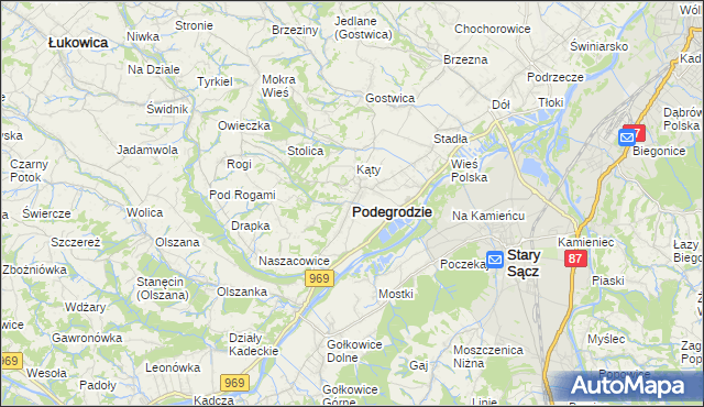 mapa Podegrodzie powiat nowosądecki, Podegrodzie powiat nowosądecki na mapie Targeo