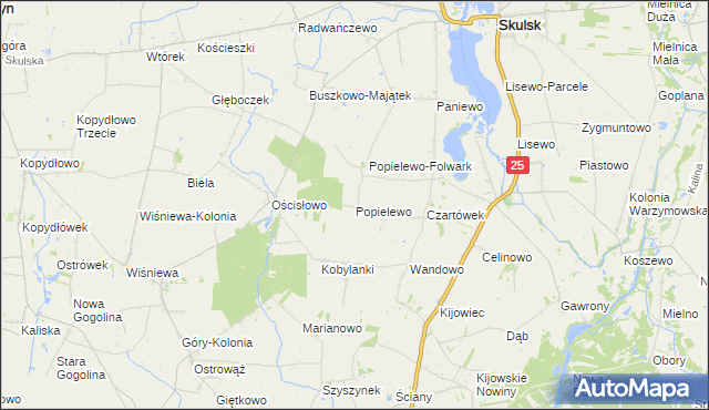 mapa Popielewo gmina Skulsk, Popielewo gmina Skulsk na mapie Targeo