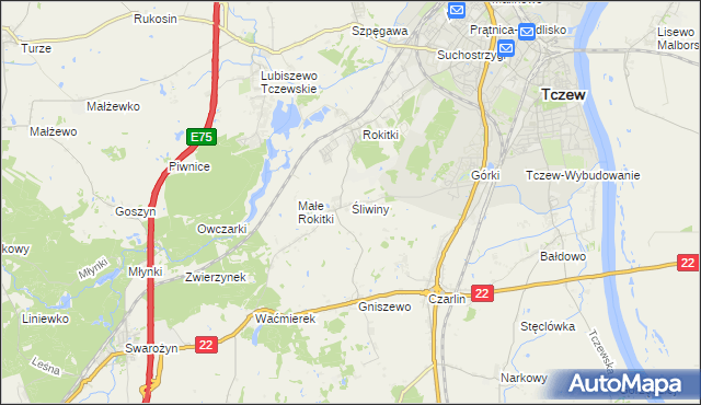 mapa Śliwiny gmina Tczew, Śliwiny gmina Tczew na mapie Targeo
