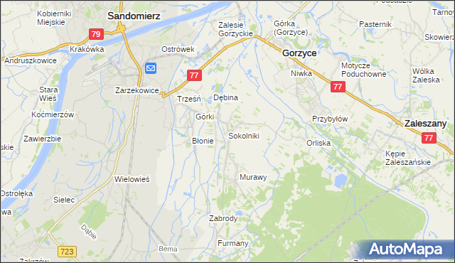 mapa Sokolniki gmina Gorzyce, Sokolniki gmina Gorzyce na mapie Targeo