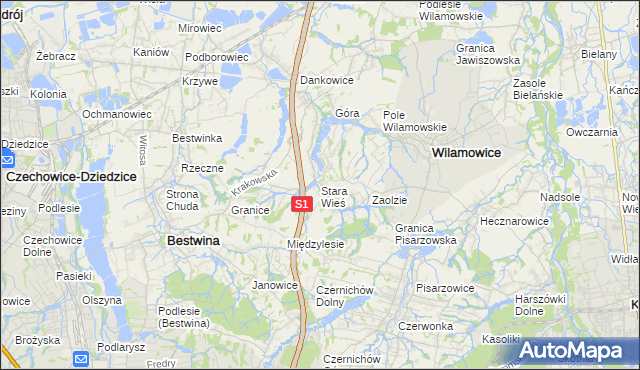 mapa Stara Wieś gmina Wilamowice, Stara Wieś gmina Wilamowice na mapie Targeo