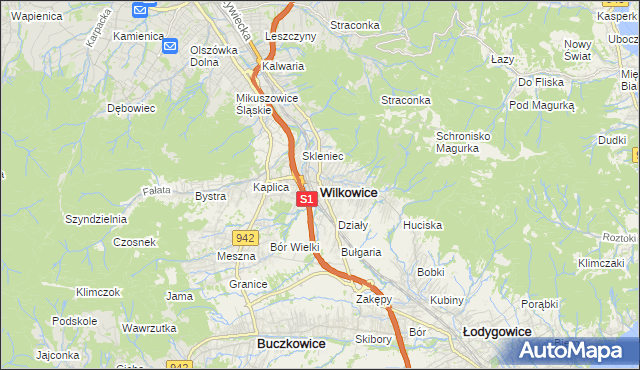 mapa Wilkowice powiat bielski, Wilkowice powiat bielski na mapie Targeo
