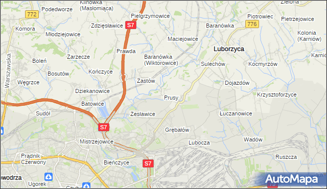 mapa Prusy gmina Kocmyrzów-Luborzyca, Prusy gmina Kocmyrzów-Luborzyca na mapie Targeo