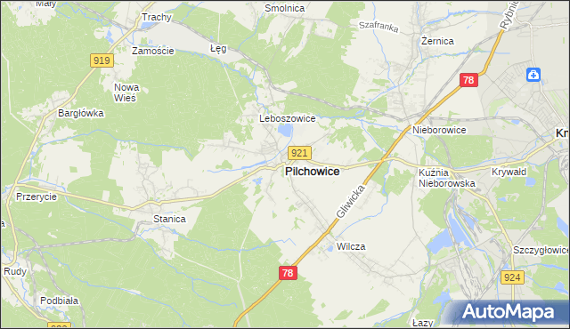 mapa Pilchowice powiat gliwicki, Pilchowice powiat gliwicki na mapie Targeo