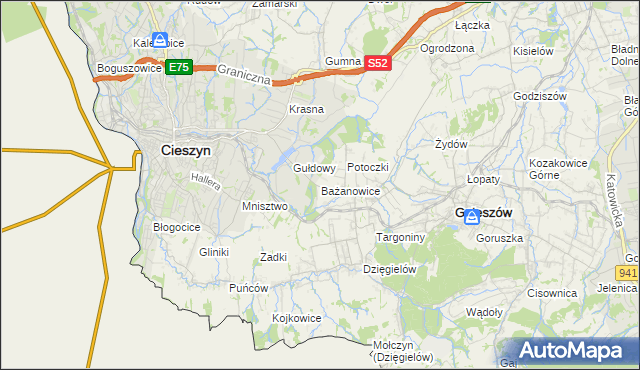 mapa Bażanowice, Bażanowice na mapie Targeo