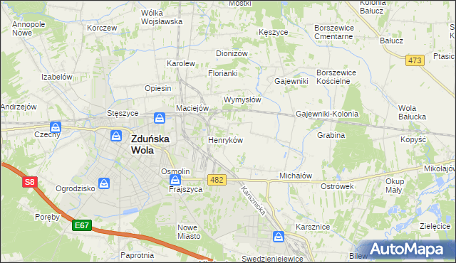 mapa Biały Ług gmina Zduńska Wola, Biały Ług gmina Zduńska Wola na mapie Targeo