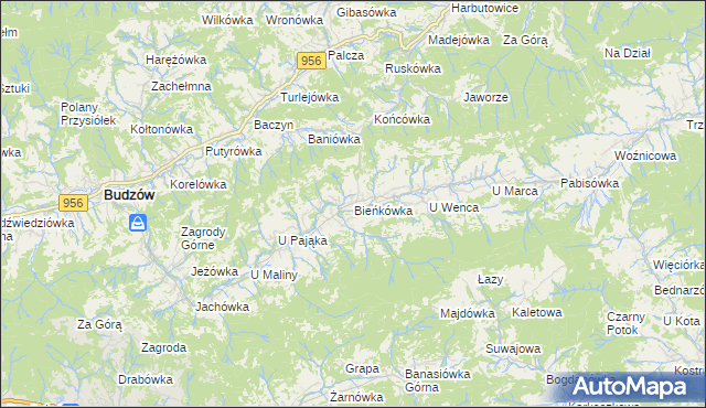 mapa Bieńkówka gmina Budzów, Bieńkówka gmina Budzów na mapie Targeo