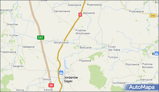 mapa Biskupice gmina Jordanów Śląski, Biskupice gmina Jordanów Śląski na mapie Targeo