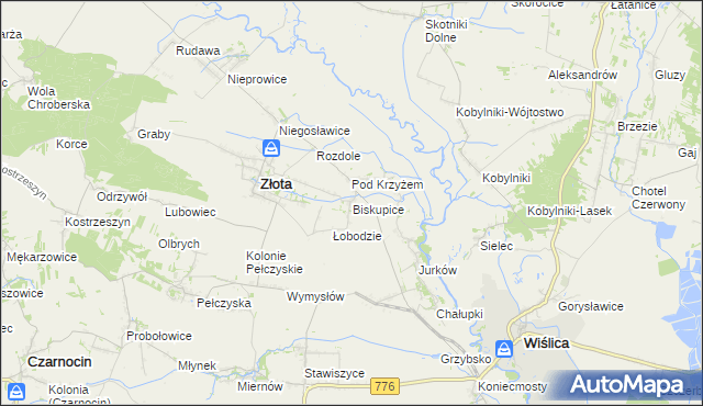 mapa Biskupice gmina Złota, Biskupice gmina Złota na mapie Targeo