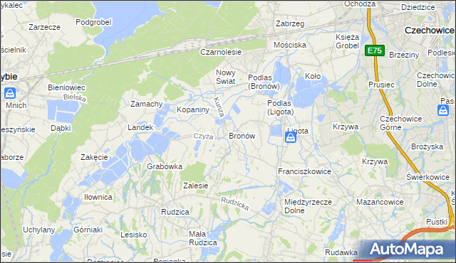mapa Bronów gmina Czechowice-Dziedzice, Bronów gmina Czechowice-Dziedzice na mapie Targeo