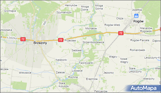 mapa Bronowice gmina Brzeziny, Bronowice gmina Brzeziny na mapie Targeo