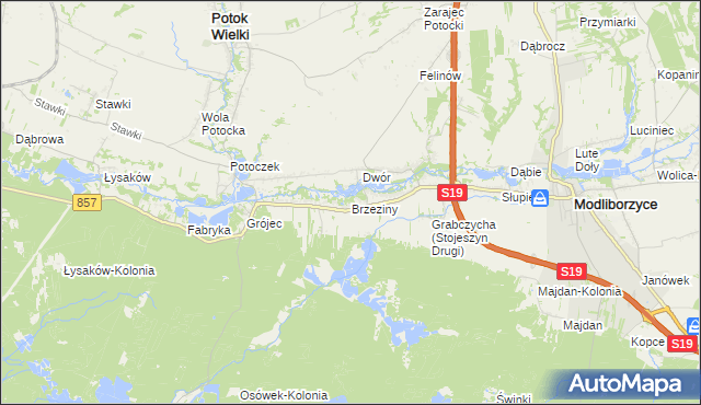 mapa Brzeziny gmina Modliborzyce, Brzeziny gmina Modliborzyce na mapie Targeo