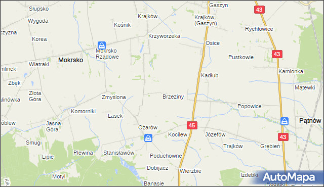 mapa Brzeziny gmina Mokrsko, Brzeziny gmina Mokrsko na mapie Targeo