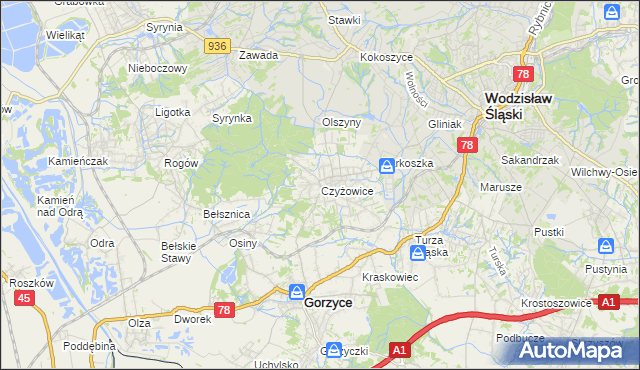 mapa Czyżowice gmina Gorzyce, Czyżowice gmina Gorzyce na mapie Targeo