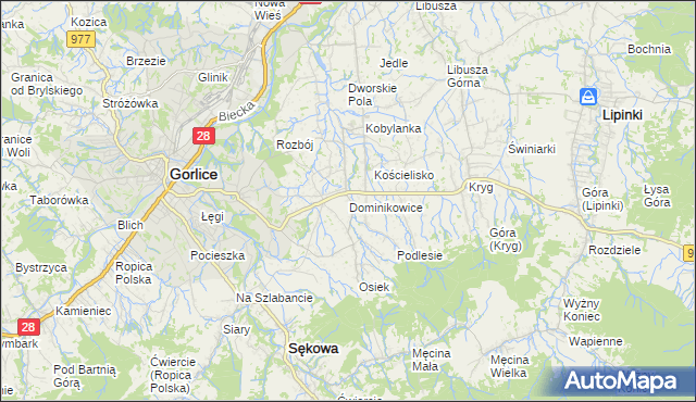 mapa Dominikowice gmina Gorlice, Dominikowice gmina Gorlice na mapie Targeo