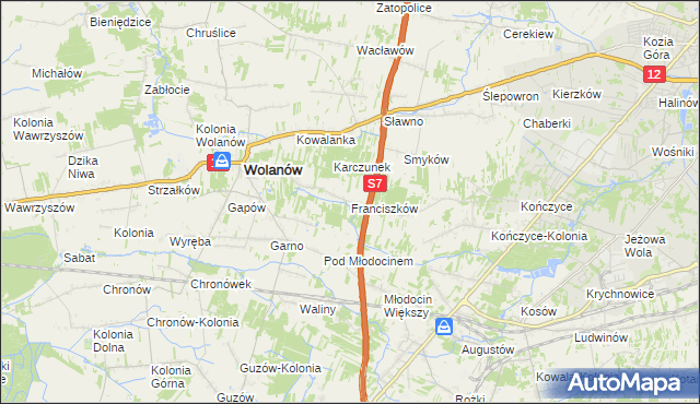 mapa Franciszków gmina Wolanów, Franciszków gmina Wolanów na mapie Targeo