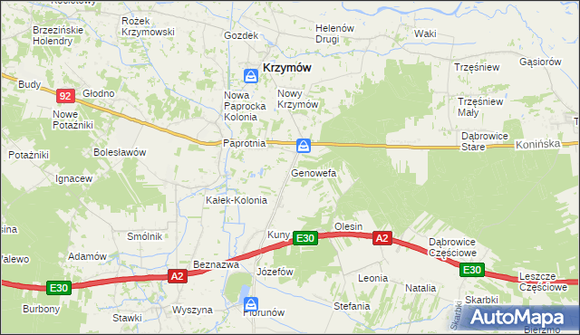 mapa Genowefa gmina Krzymów, Genowefa gmina Krzymów na mapie Targeo