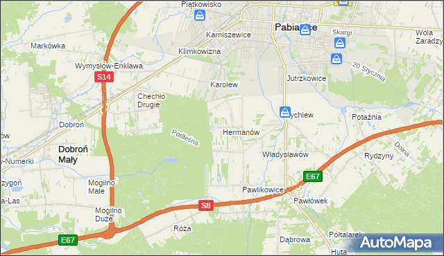 mapa Hermanów gmina Pabianice, Hermanów gmina Pabianice na mapie Targeo