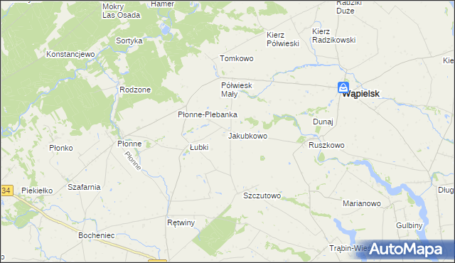 mapa Jakubkowo gmina Radomin, Jakubkowo gmina Radomin na mapie Targeo