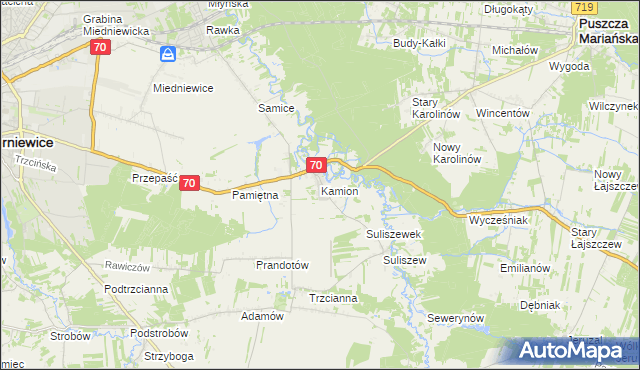 mapa Kamion gmina Puszcza Mariańska, Kamion gmina Puszcza Mariańska na mapie Targeo