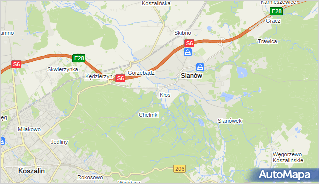 mapa Kłos gmina Sianów, Kłos gmina Sianów na mapie Targeo