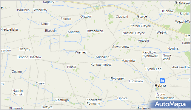 mapa Koszajec gmina Rybno, Koszajec gmina Rybno na mapie Targeo