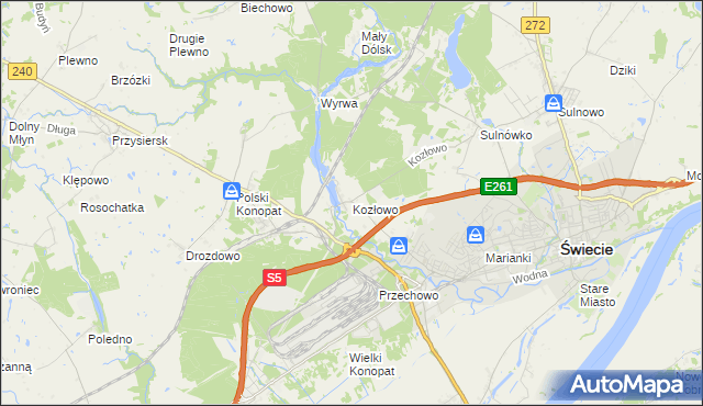 mapa Kozłowo gmina Świecie, Kozłowo gmina Świecie na mapie Targeo