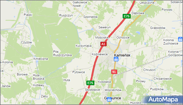 mapa Koźniewice, Koźniewice na mapie Targeo