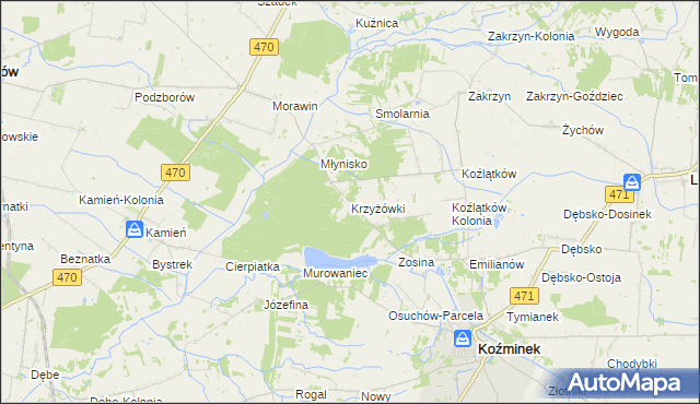 mapa Krzyżówki gmina Koźminek, Krzyżówki gmina Koźminek na mapie Targeo