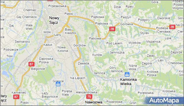 mapa Kunów gmina Chełmiec, Kunów gmina Chełmiec na mapie Targeo