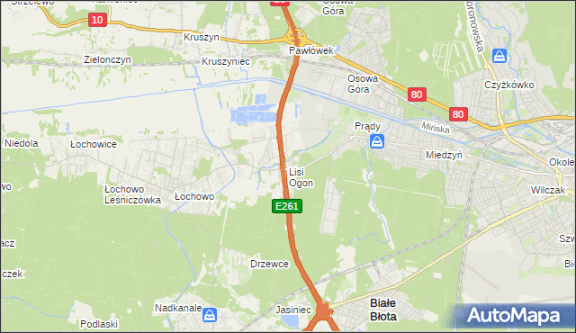 mapa Lisi Ogon gmina Białe Błota, Lisi Ogon gmina Białe Błota na mapie Targeo