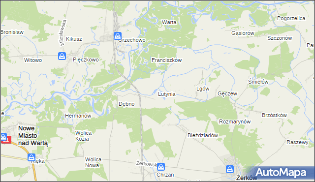 mapa Lutynia gmina Nowe Miasto nad Wartą, Lutynia gmina Nowe Miasto nad Wartą na mapie Targeo