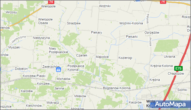 mapa Mąkolice gmina Wola Krzysztoporska, Mąkolice gmina Wola Krzysztoporska na mapie Targeo