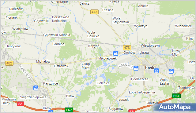 mapa Mikołajówek gmina Łask, Mikołajówek gmina Łask na mapie Targeo