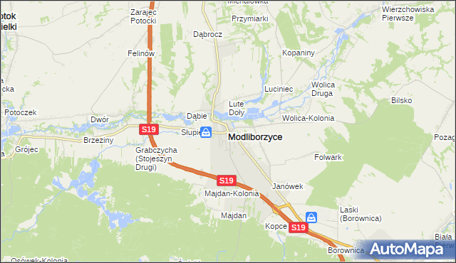 mapa Modliborzyce powiat janowski, Modliborzyce powiat janowski na mapie Targeo