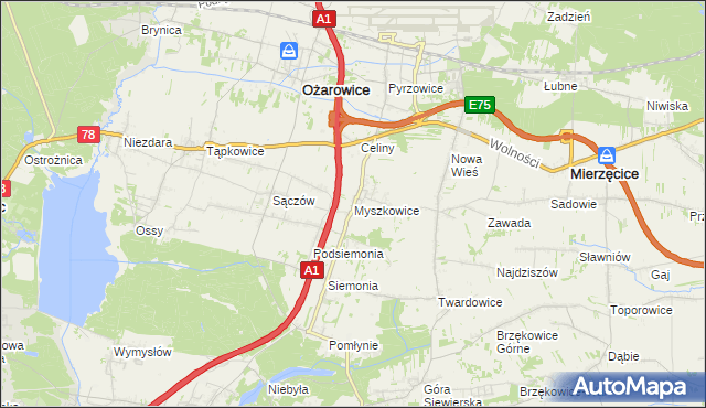 mapa Myszkowice gmina Bobrowniki, Myszkowice gmina Bobrowniki na mapie Targeo