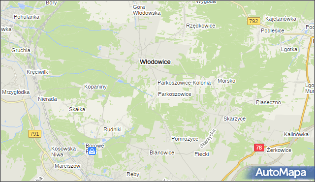 mapa Parkoszowice gmina Włodowice, Parkoszowice gmina Włodowice na mapie Targeo