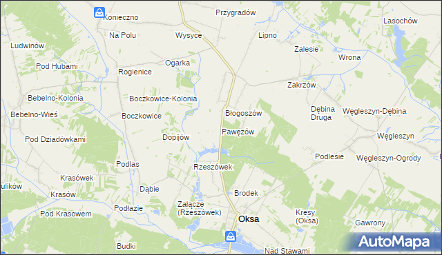mapa Pawęzów gmina Oksa, Pawęzów gmina Oksa na mapie Targeo