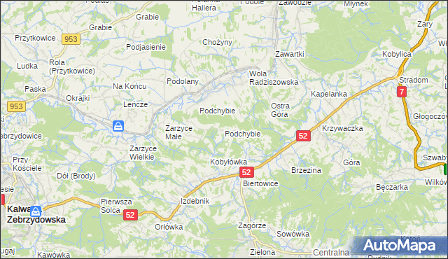 mapa Podchybie gmina Lanckorona, Podchybie gmina Lanckorona na mapie Targeo