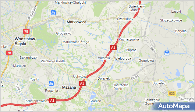 mapa Połomia gmina Mszana, Połomia gmina Mszana na mapie Targeo