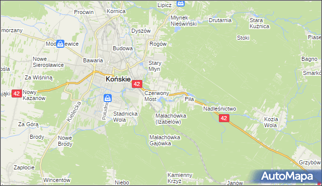 mapa Pomyków gmina Końskie, Pomyków gmina Końskie na mapie Targeo