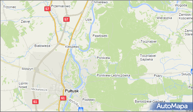 mapa Ponikiew gmina Pułtusk, Ponikiew gmina Pułtusk na mapie Targeo