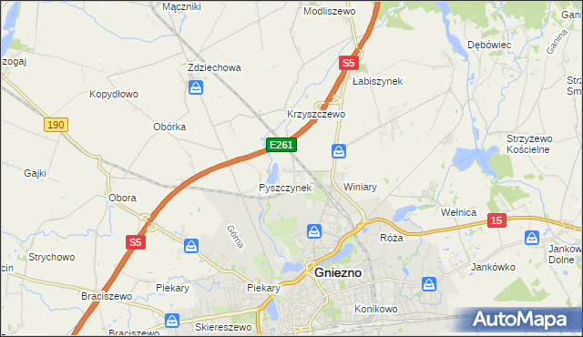 mapa Pyszczyn gmina Gniezno, Pyszczyn gmina Gniezno na mapie Targeo